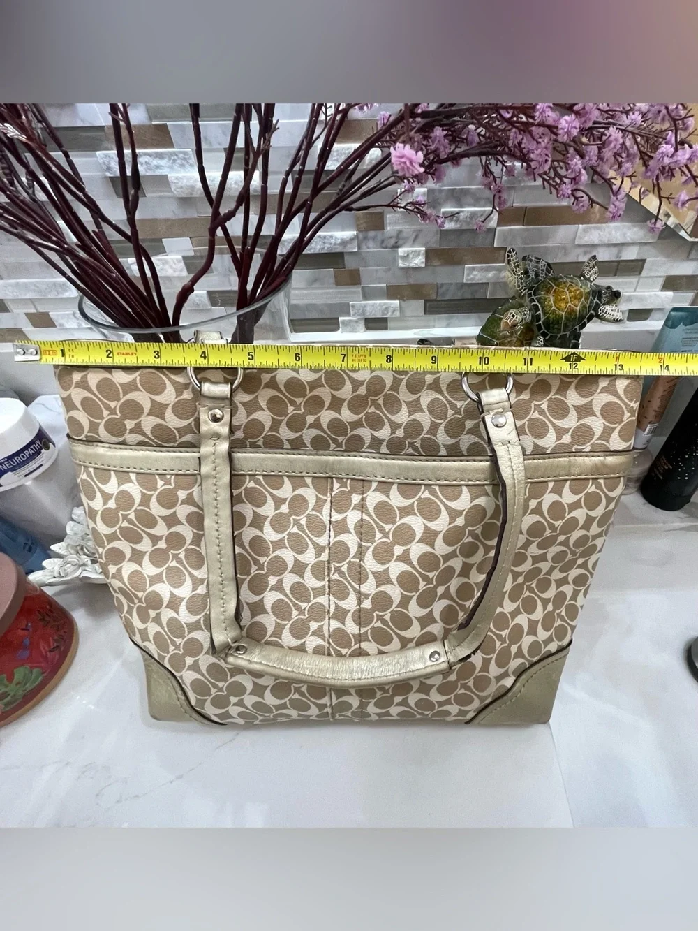 Coach Beige Signature Stripe Tote with Gold Trim